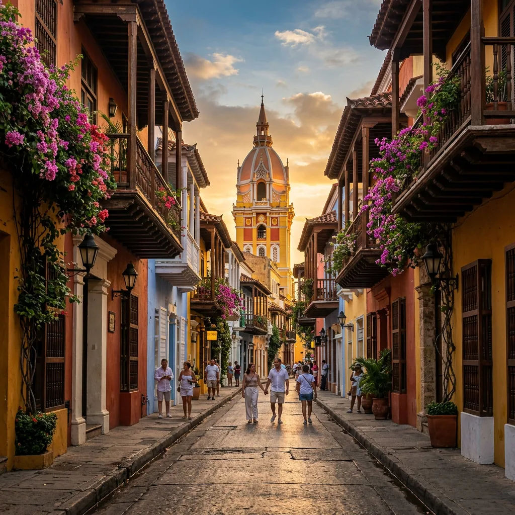 Scenic view of colorful colonial architecture and flower-draped balconies in the historic Walled City of Cartagena, Colombia.