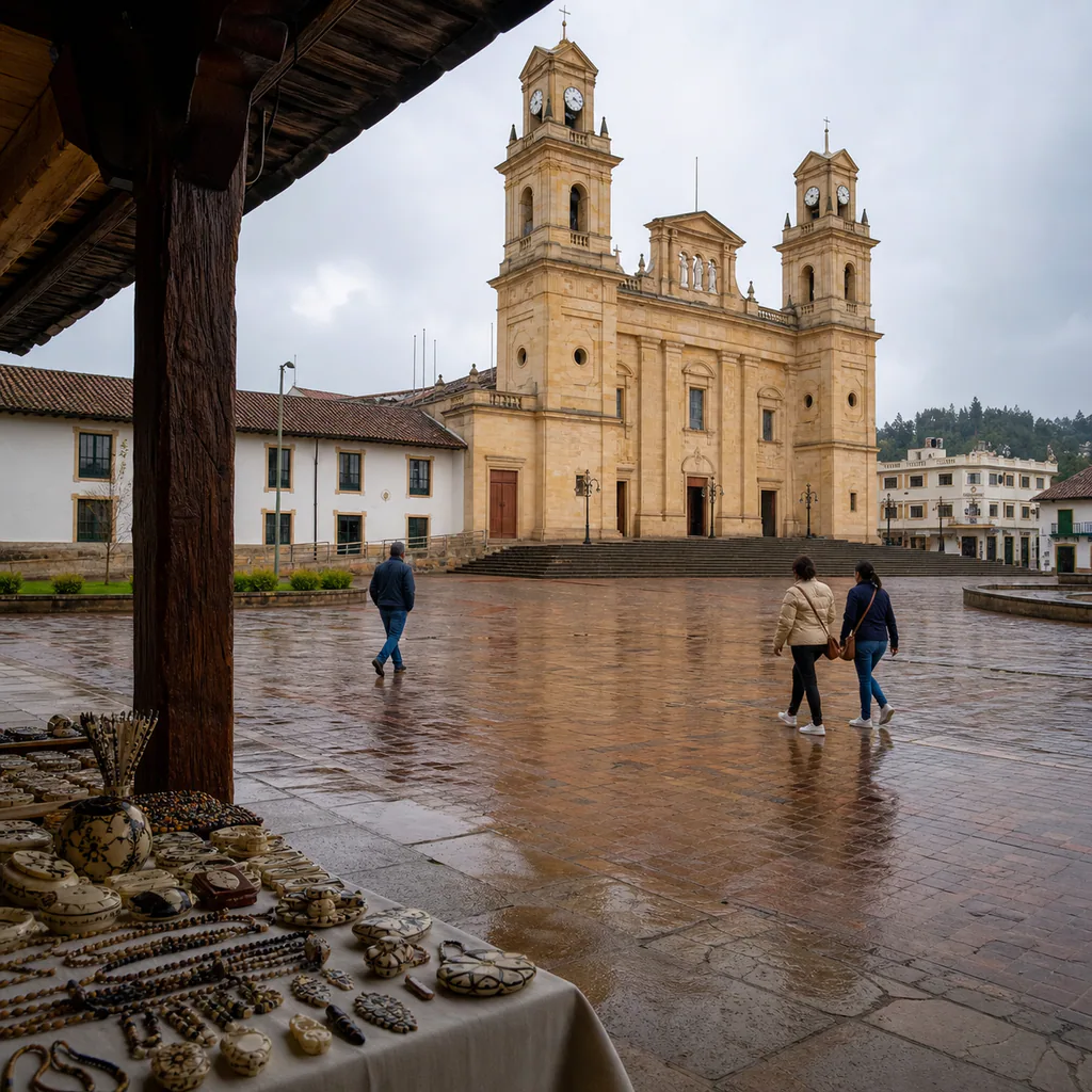 Rain-washed Plaza de la Libertad and the sandstone Basilica of Our Lady of the Rosary in Chiquinquirá, Boyacá, seen from a shaded artisan stall.