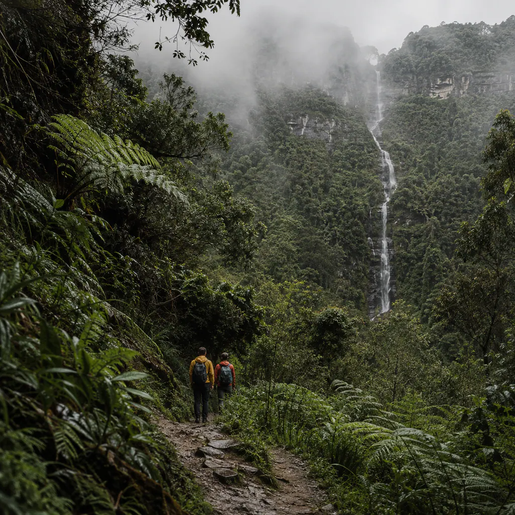 Two hikers on a rain-darkened cloud-forest trail looking toward the tall La Chorrera waterfall near Choachí, Cundinamarca.