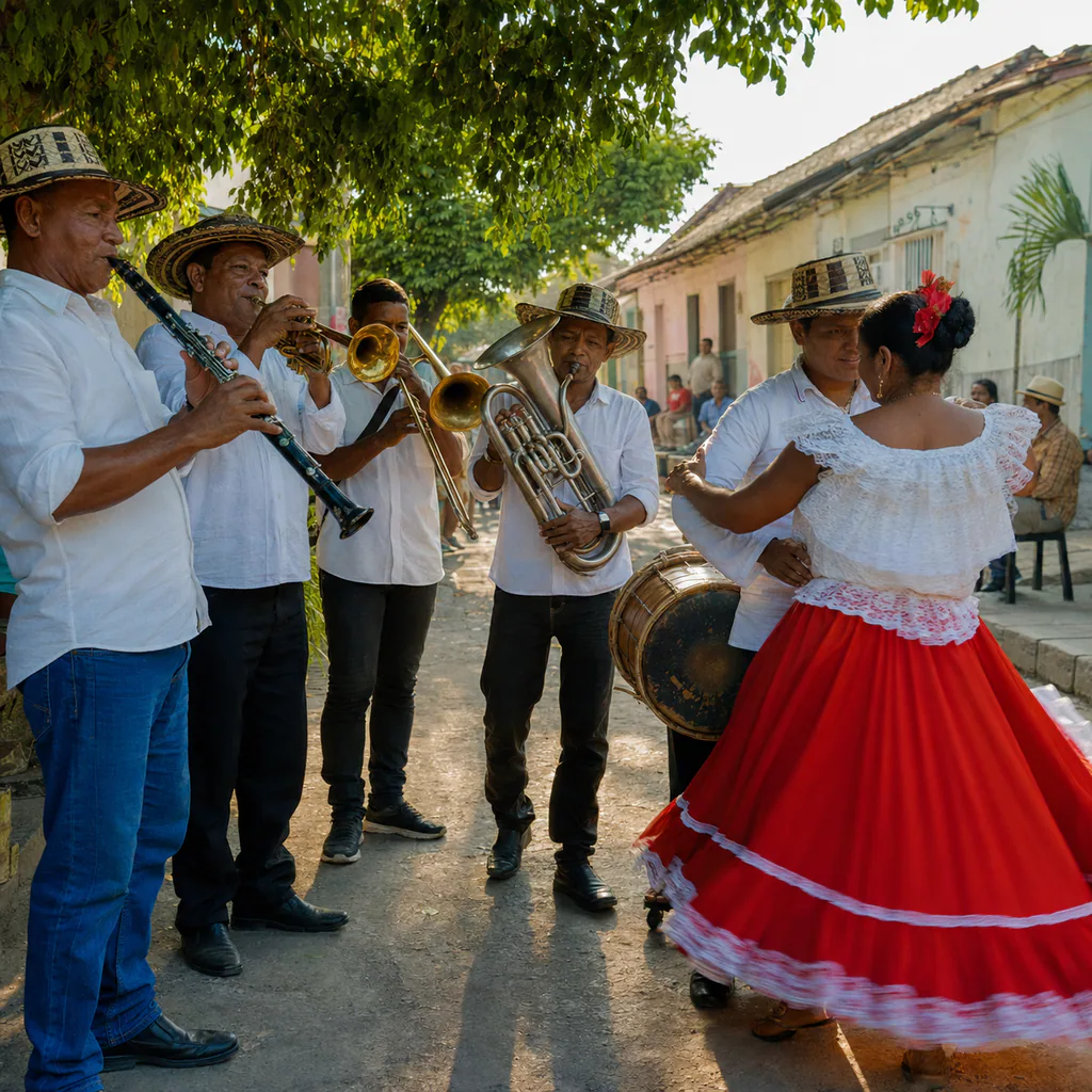 A traditional porro wind band playing beside a dancing couple on a shaded street in San Pelayo, Córdoba.